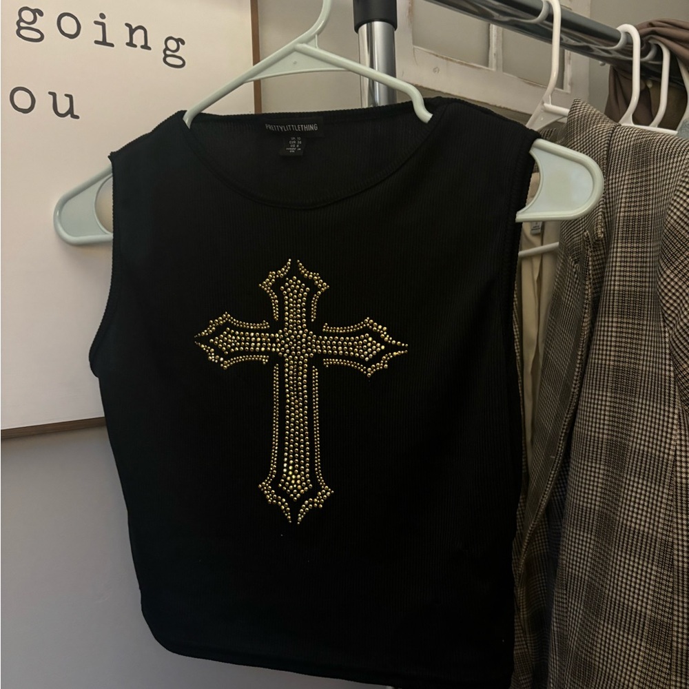 PrettyLittleThing Black Crop Top with Gold Studded Cross